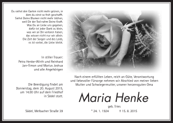 Traueranzeige von Maria Henke von Wetterauer Zeitung, Wetterauer Zeitung