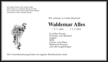 Traueranzeige von Waldemar Alles von Gießener Allgemeine, Alsfelder Allgemeine