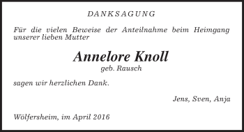 Traueranzeige von Annelore Knoll von Wetterauer Zeitung, Wetterauer Zeitung