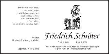 Traueranzeige von Friedrich Schröter von Gießener Allgemeine, Alsfelder Allgemeine