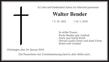 Traueranzeige von Walter Bender von Gießener Allgemeine, Alsfelder Allgemeine