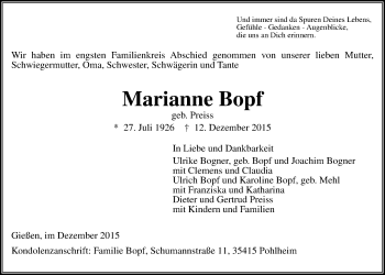 Traueranzeige von Marianne Bopf von Gießener Allgemeine, Alsfelder Allgemeine