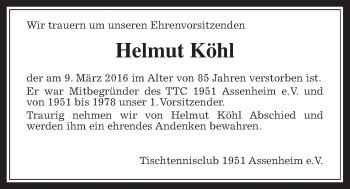 Traueranzeige von Helmut Köhl von Wetterauer Zeitung, Wetterauer Zeitung