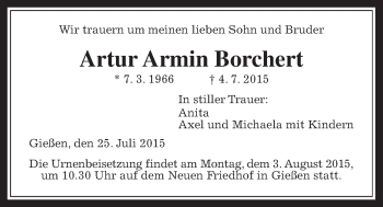 Traueranzeige von Artur Armin Borchert von Gießener Allgemeine, Alsfelder Allgemeine