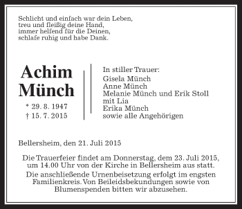 Traueranzeige von Achim Münch von Gießener Allgemeine, Alsfelder Allgemeine