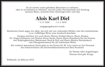 Traueranzeige von Alois Karl Diel von Wetterauer Zeitung, Wetterauer Zeitung