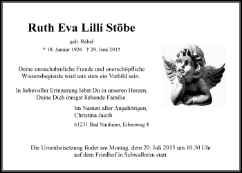 Traueranzeige von Ruth Eva Lilli Stöbe von Wetterauer Zeitung, Wetterauer Zeitung