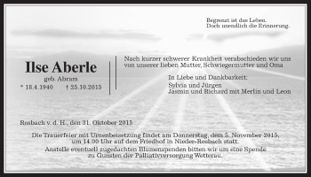 Traueranzeige von Ilse Aberle von Wetterauer Zeitung, Wetterauer Zeitung