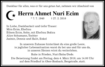 Traueranzeige von Ahmet Nuri Ecim von Wetterauer Zeitung, Wetterauer Zeitung