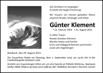 Traueranzeige von Günter Klement von Wetterauer Zeitung, Wetterauer Zeitung
