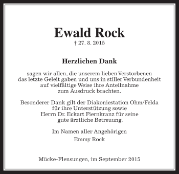 Traueranzeige von Ewald Rock von Gießener Allgemeine, Alsfelder Allgemeine