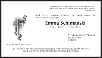 Traueranzeige von Emma Schimanski von Gießener Allgemeine, Alsfelder Allgemeine