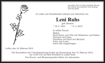 Traueranzeige von Leni Ruhs von Gießener Allgemeine, Alsfelder Allgemeine