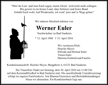 Traueranzeige von Werner Euler von Wetterauer Zeitung, Wetterauer Zeitung