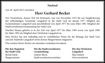 Traueranzeige von Gerhard Becker von Licher Wochenblatt, Licher Wochenblatt, Licher Wochenblatt