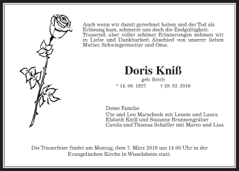 Traueranzeige von Doris Kniß von Wetterauer Zeitung, Wetterauer Zeitung