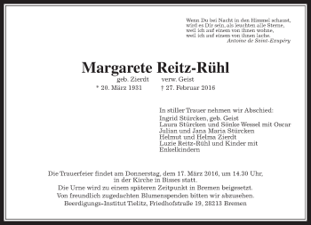 Traueranzeige von Margarete Reitz-Rühl von Gießener Allgemeine, Alsfelder Allgemeine, Wetterauer Zeitung, Wetterauer Zeitung