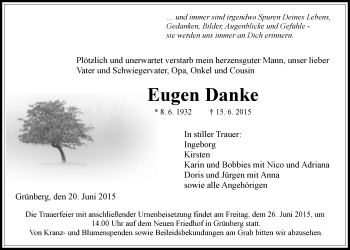 Traueranzeige von Eugen Danke von Gießener Allgemeine, Alsfelder Allgemeine