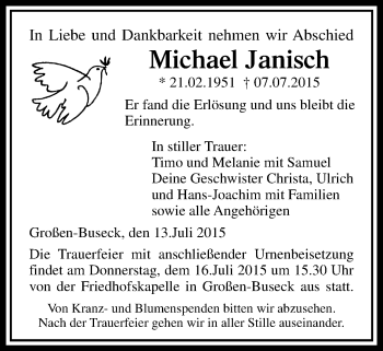 Traueranzeige von Michael Janisch von Gießener Allgemeine, Alsfelder Allgemeine