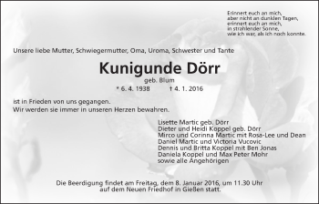 Traueranzeige von Kunigunde Dörr von Gießener Allgemeine, Alsfelder Allgemeine