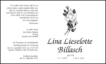 Traueranzeige von Lina Lieselotte Billasch von Wetterauer Zeitung, Wetterauer Zeitung