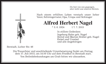 Traueranzeige von Alfred Herbert Nagel von Wetterauer Zeitung, Wetterauer Zeitung