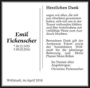 Traueranzeige von Emil Fickenscher von Wetterauer Zeitung, Wetterauer Zeitung
