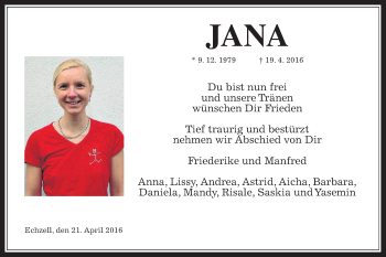 Traueranzeige von Jana Herbert von Wetterauer Zeitung, Wetterauer Zeitung