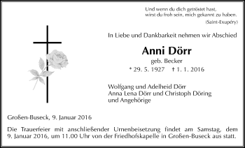 Traueranzeige von Anni Dörr von Gießener Allgemeine, Alsfelder Allgemeine