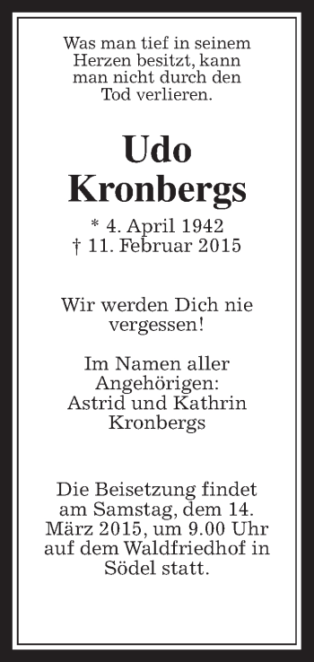 Traueranzeige von Udo Kronbergs von Wetterauer Zeitung, Wetterauer Zeitung