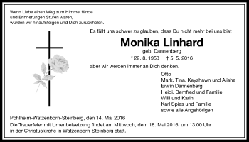 Traueranzeige von Monika Linhard von Gießener Allgemeine, Alsfelder Allgemeine