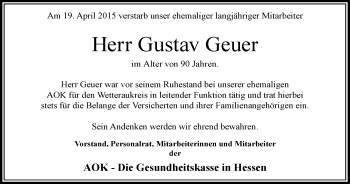 Traueranzeige von Gustav Geuer von Wetterauer Zeitung, Wetterauer Zeitung