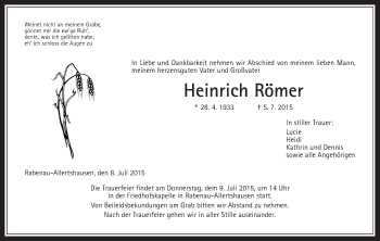 Traueranzeige von Heinrich Römer von Gießener Allgemeine, Alsfelder Allgemeine