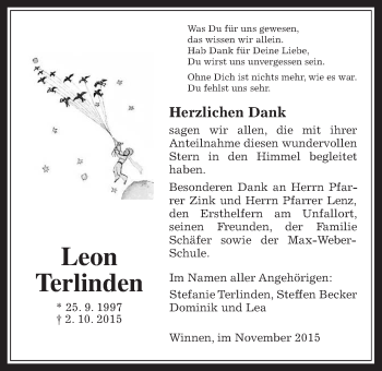 Traueranzeige von Leon Terlinden von Gießener Allgemeine, Alsfelder Allgemeine