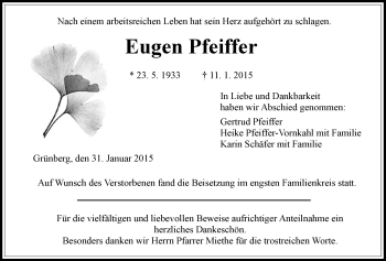 Traueranzeige von Eugen Pfeiffer von Gießener Allgemeine, Alsfelder Allgemeine