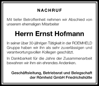 Traueranzeige von Ernst Hofmann von Gießener Allgemeine, Alsfelder Allgemeine