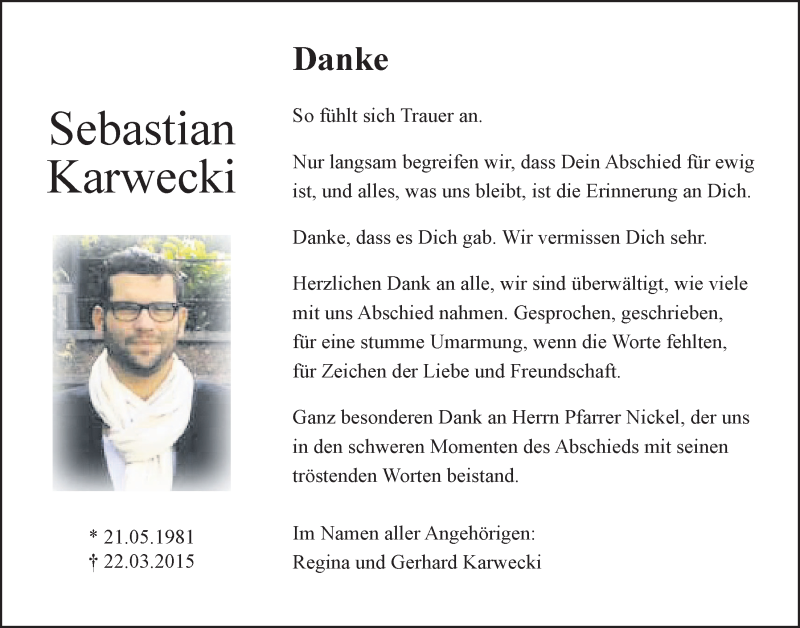  Traueranzeige für Sebastian Karwecki vom 11.04.2015 aus Wetterauer Zeitung, Wetterauer Zeitung