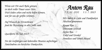 Traueranzeige von Anton Rau von Heimatzeitung Grünberg + Laubach, Laubacher Anzeiger