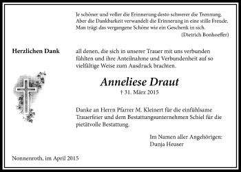 Traueranzeige von Anneliese Draut von Licher Wochenblatt, Licher Wochenblatt, Licher Wochenblatt