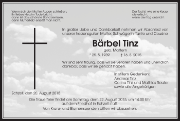Traueranzeige von Bärbel Tinz von Wetterauer Zeitung, Wetterauer Zeitung