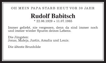 Traueranzeige von Rudolf Babitsch von Wetterauer Zeitung, Wetterauer Zeitung