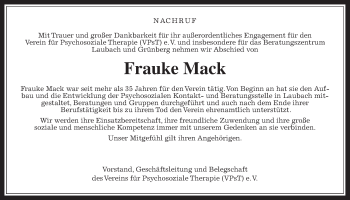 Traueranzeige von Frauke Mack von Gießener Allgemeine, Alsfelder Allgemeine