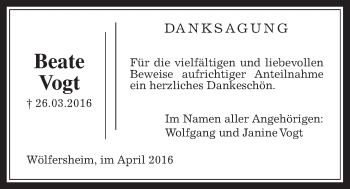 Traueranzeige von Beate Vogt von Wetterauer Zeitung, Wetterauer Zeitung