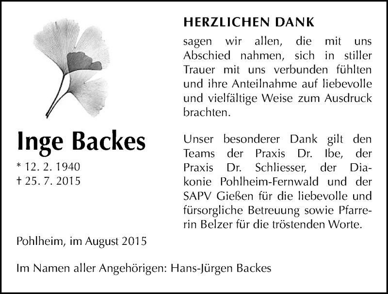  Traueranzeige für Inge Backes vom 13.08.2015 aus Gießener Allgemeine, Alsfelder Allgemeine, Pohlheimer Nachrichten