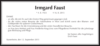 Traueranzeige von Irmgard Faust von Wetterauer Zeitung, Wetterauer Zeitung