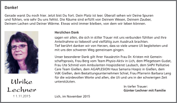 Traueranzeige von Ulrike Lechner von Gießener Allgemeine, Alsfelder Allgemeine