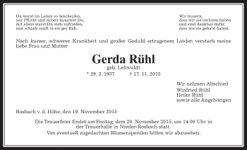 Traueranzeige von Gerda Rühl von Wetterauer Zeitung, Wetterauer Zeitung