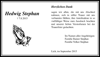 Traueranzeige von Hedwig Stephan von Licher Wochenblatt, Licher Wochenblatt, Licher Wochenblatt