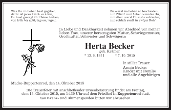 Traueranzeige von Herta Becker von Alsfelder Allgemeine