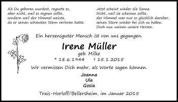 Traueranzeige von Irene Müller von Licher Wochenblatt